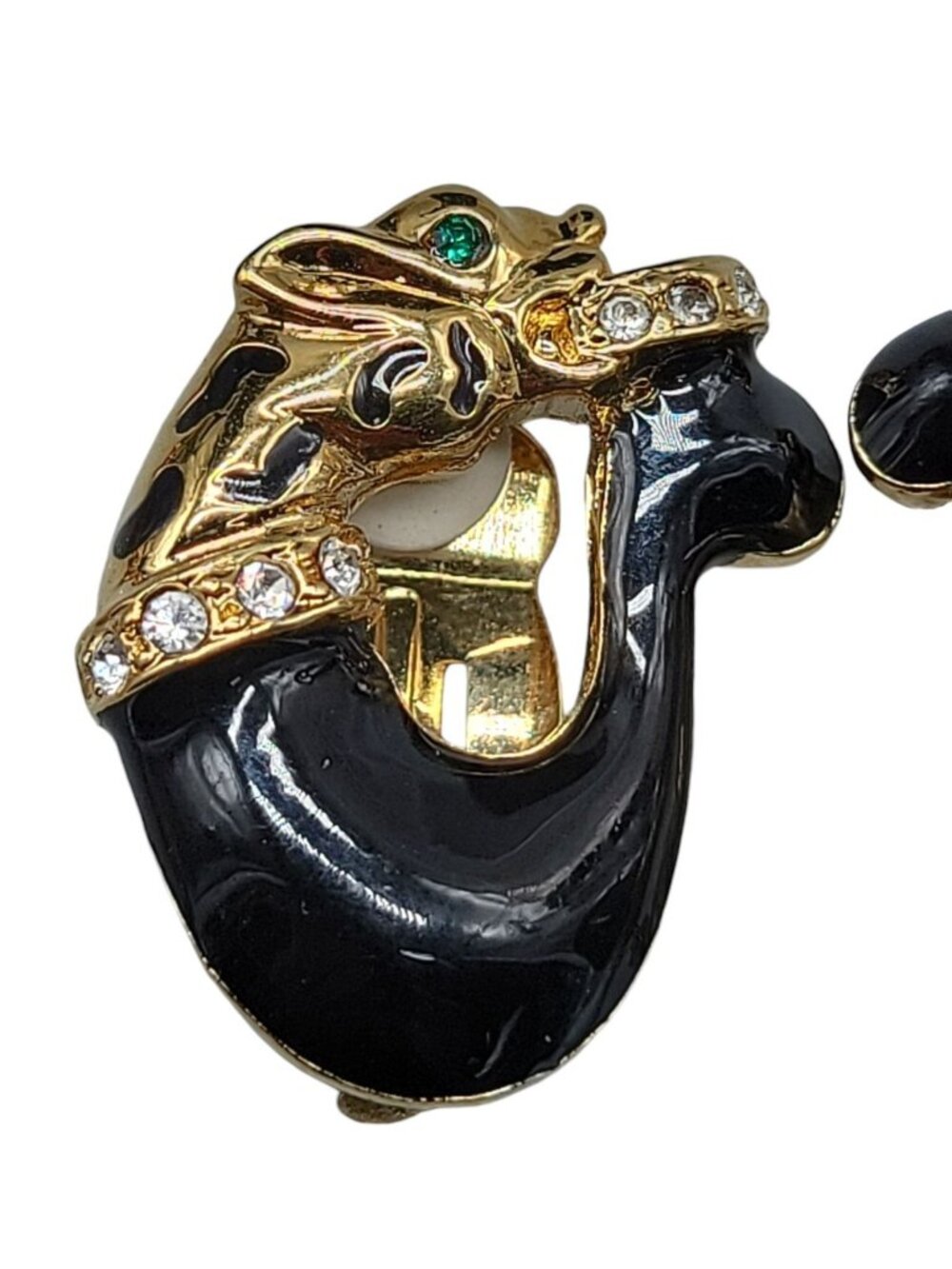 Jackie Collins Rare Clip On Earrings Figural Cougar Loop Black Enamel Rhinestone - Picture 8 of 12